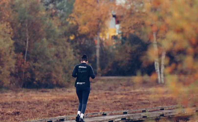 Person jogging on a wooden path surrounded by vibrant autumn foliage in Jönköping, Sweden.